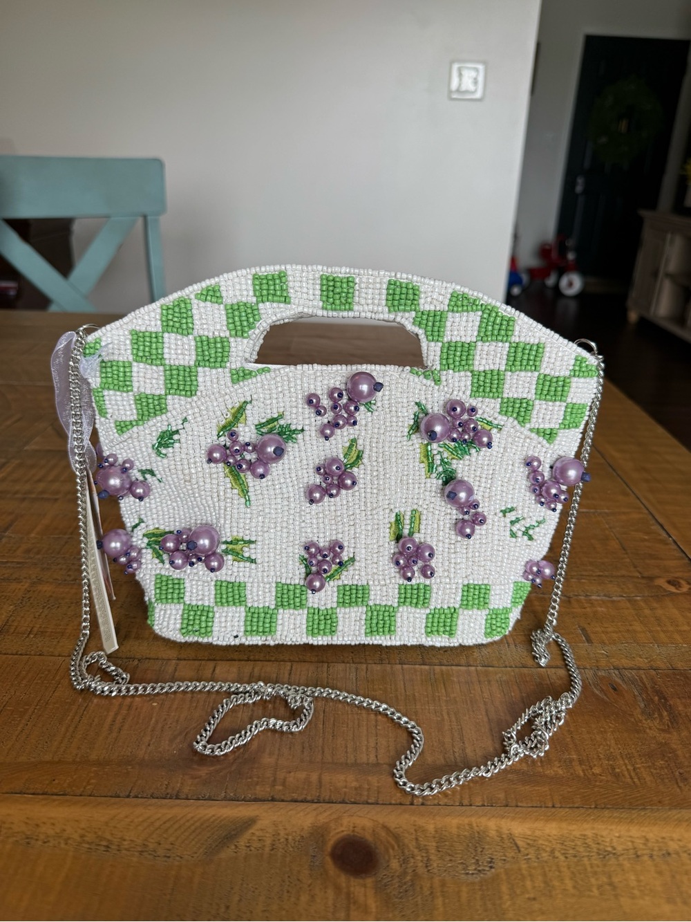 New Grape beaded bag clutch with crossbody chain
